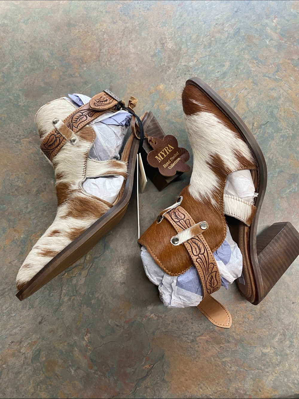Myra Bag Brown & White Cowhide Cutout Heeled Ankle Boots for Men - Picture 6 of 14